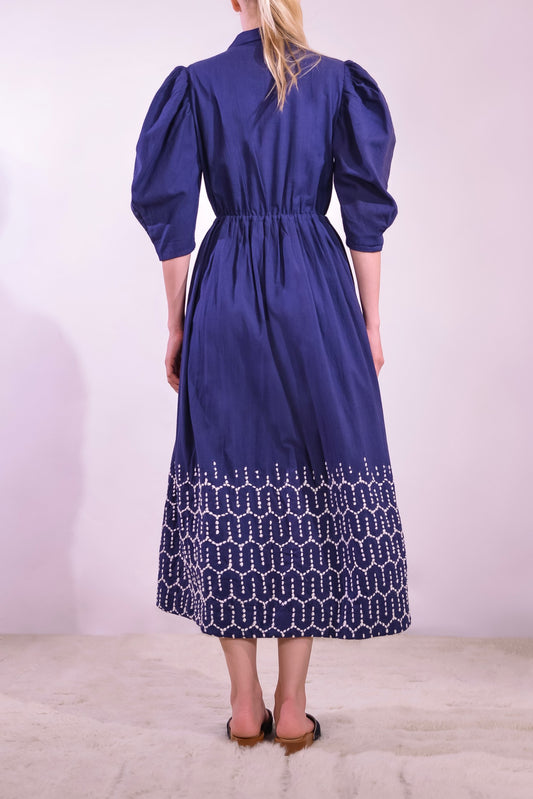 Sustainable puff sleeve dress in organic cotton with upcycled Indian jaal embroidery by Paiwand, handcrafted ethical fashion for everyday and occasion wear. 