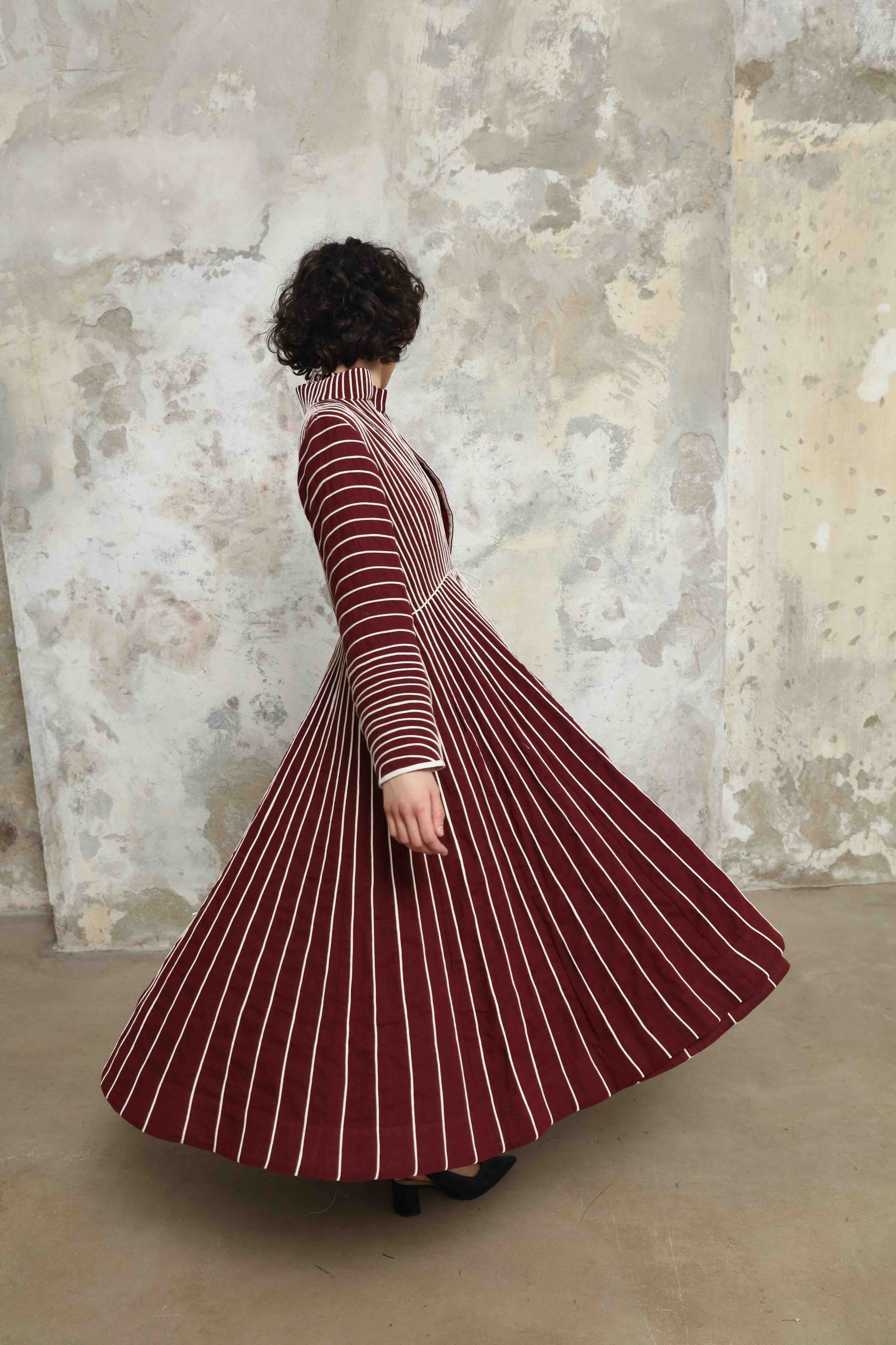 Ka-Sha Thakur Jacket made from hand-dyed Kala Cotton, featuring a maroon and white open-front design with intricate chording details. A timeless, artisanal piece blending traditional craftsmanship and modern style.