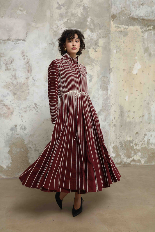 Ka-Sha Thakur Jacket made from hand-dyed Kala Cotton, featuring a maroon and white open-front design with intricate chording details. A timeless, artisanal piece blending traditional craftsmanship and modern style.