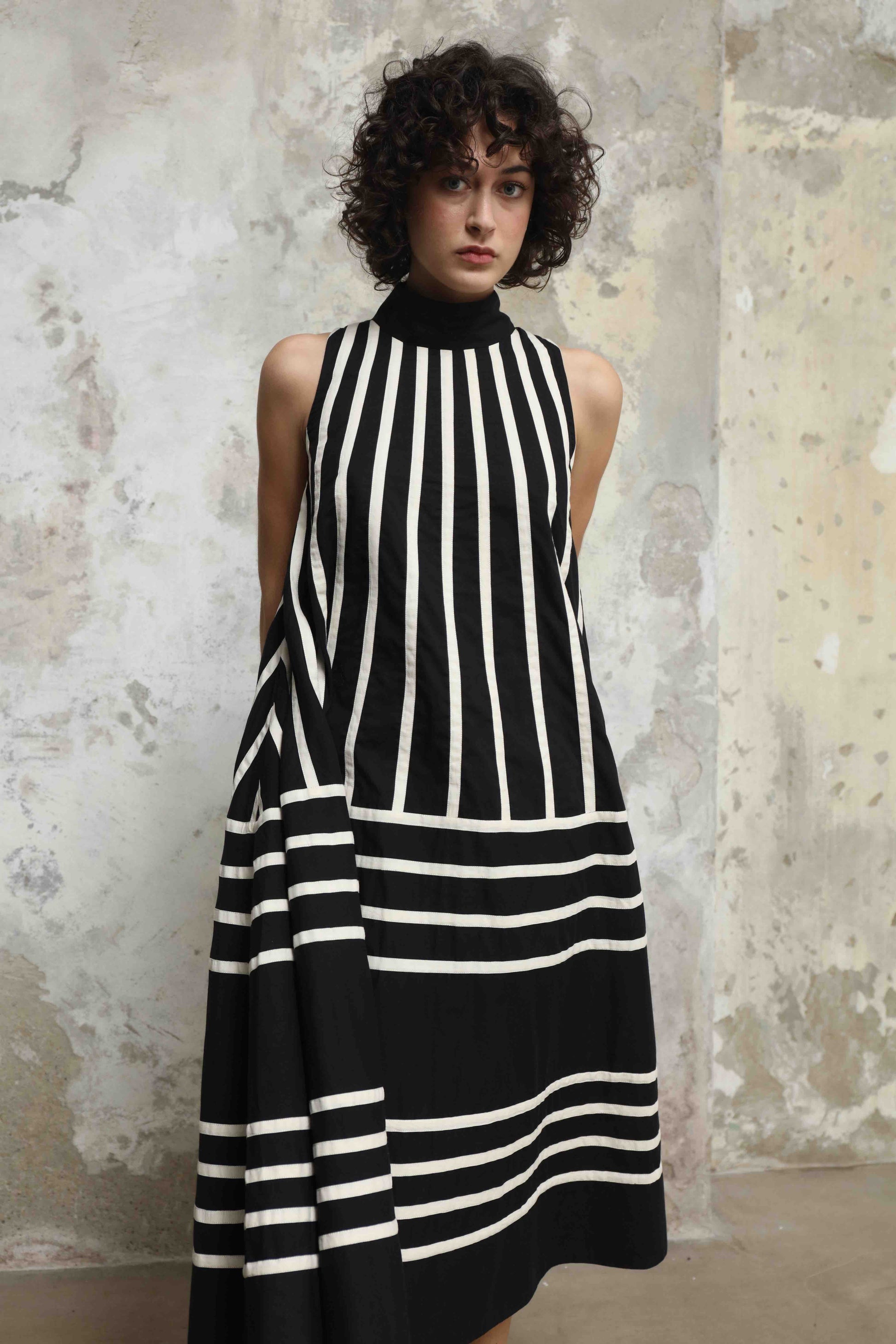 Rangoli Dress Mono by Ka-Sha – hand-dyed cotton dress with flared silhouette, back button closure, and unique artisanal detailing. Part of House of Woven Stories selection.