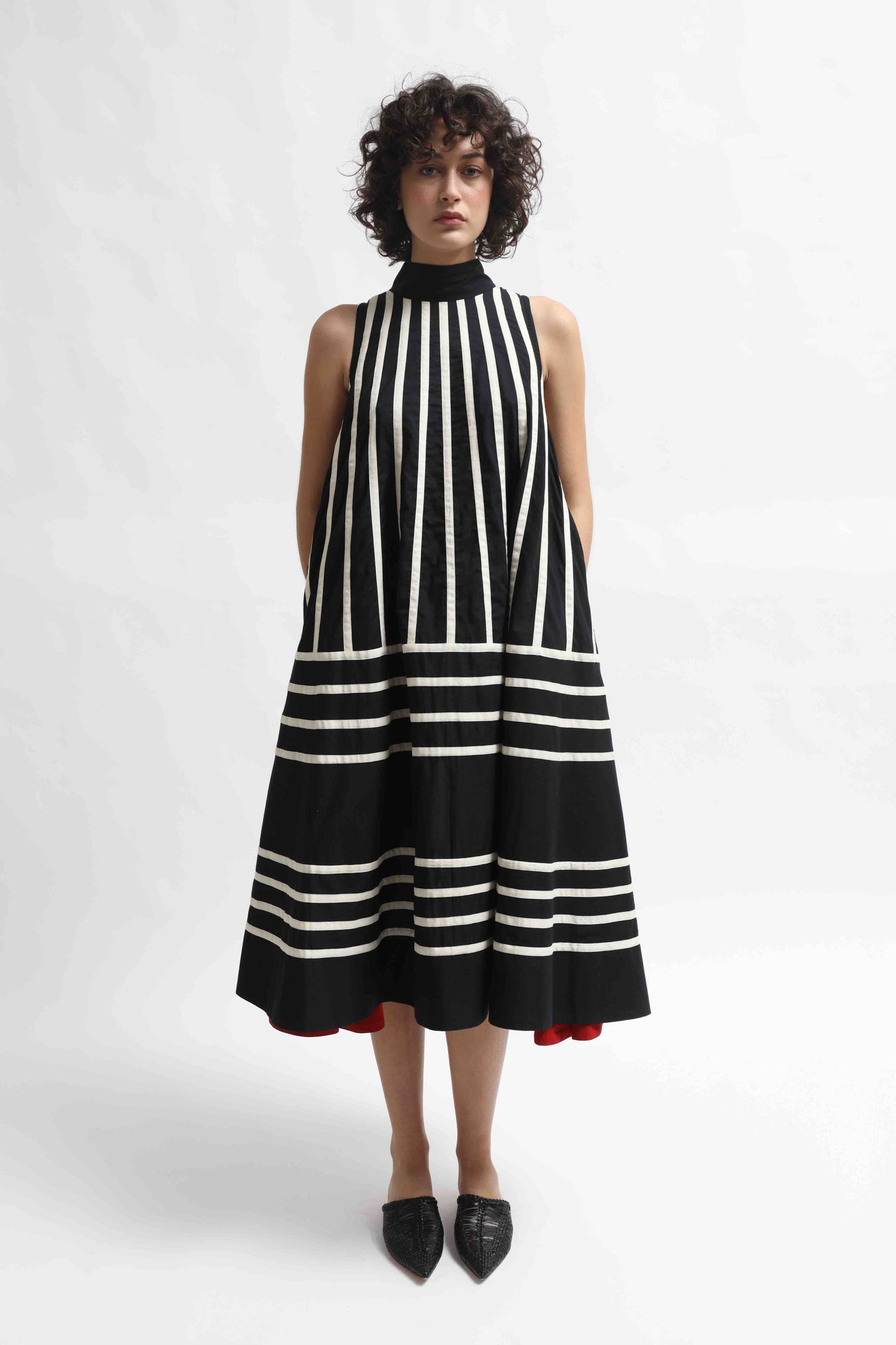 Rangoli Dress Mono by Ka-Sha. Hand-dyed cotton dress with flared silhouette, back button closure, and unique artisanal detailing. Part of House of Woven Stories selection.