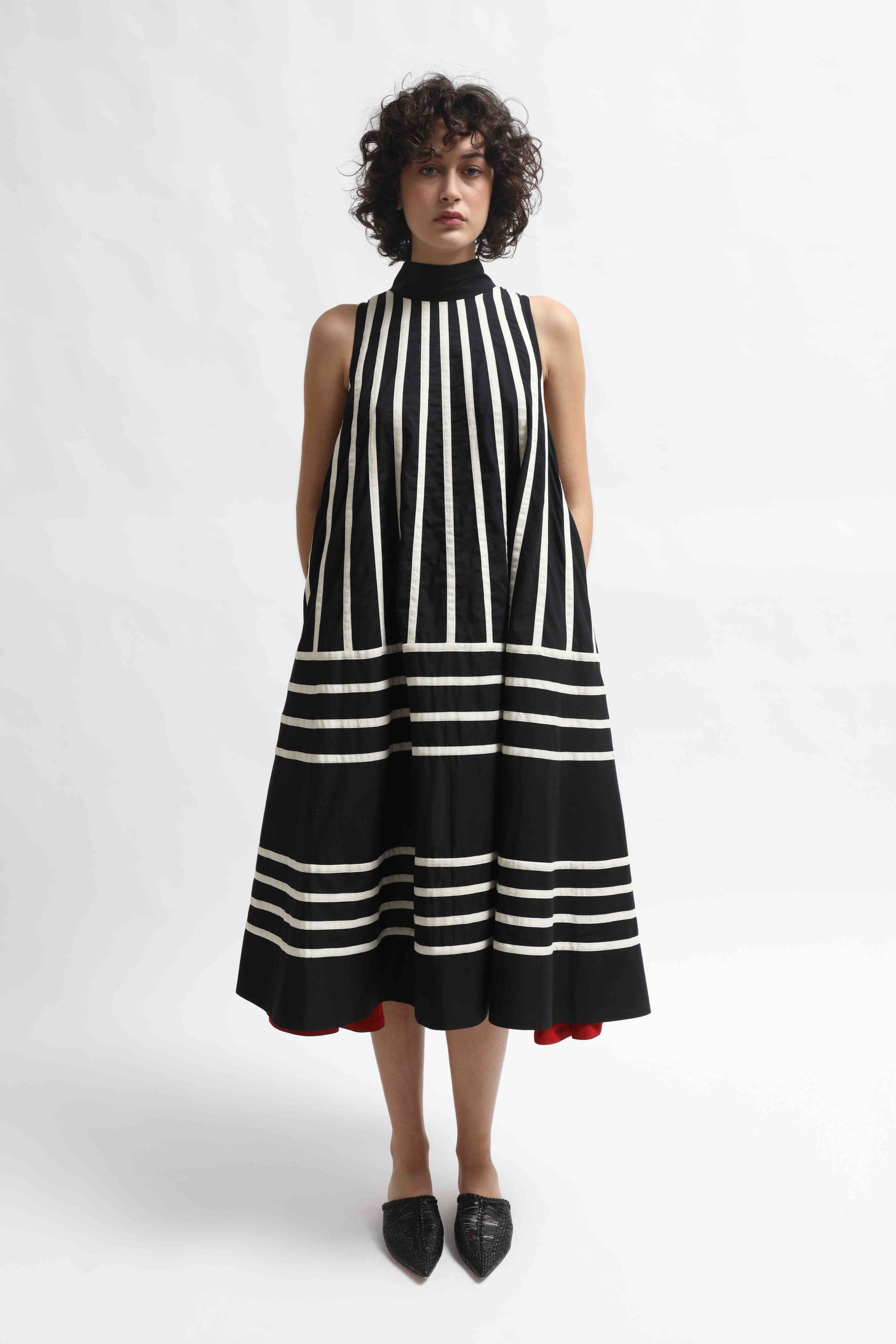 Rangoli Dress Mono by Ka-Sha. Hand-dyed cotton dress with flared silhouette, back button closure, and unique artisanal detailing. Part of House of Woven Stories selection.