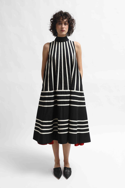 Rangoli Dress Mono by Ka-Sha. Hand-dyed cotton dress with flared silhouette, back button closure, and unique artisanal detailing. Part of House of Woven Stories selection.