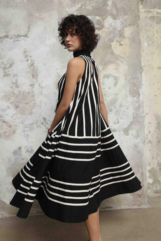 Rangoli Dress Mono by Ka-Sha. Hand-dyed cotton dress with flared silhouette, back button closure, and unique artisanal detailing. Part of House of Woven Stories selection.