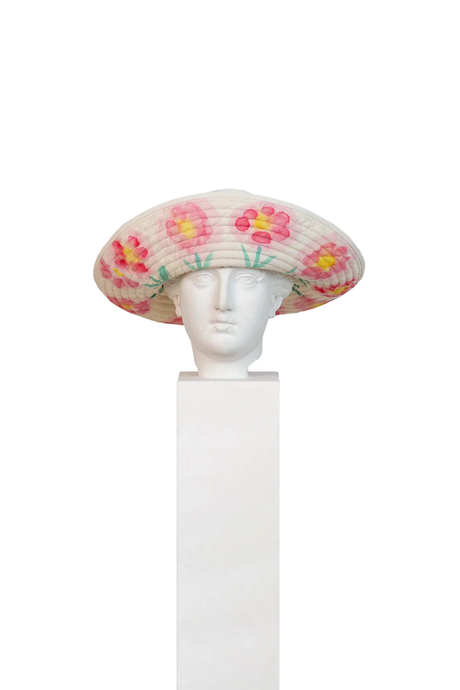 Reversible hand-painted hat with 12 cm brim and cotton lining, made sustainably by Romualda, featuring unique garden-inspired design.