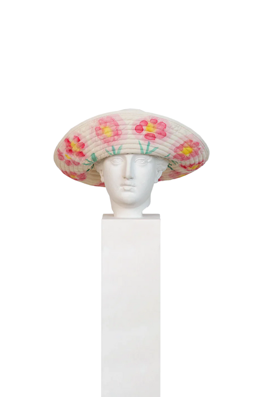Reversible hand-painted hat with 12 cm brim and cotton lining, made sustainably by Romualda, featuring unique garden-inspired design.