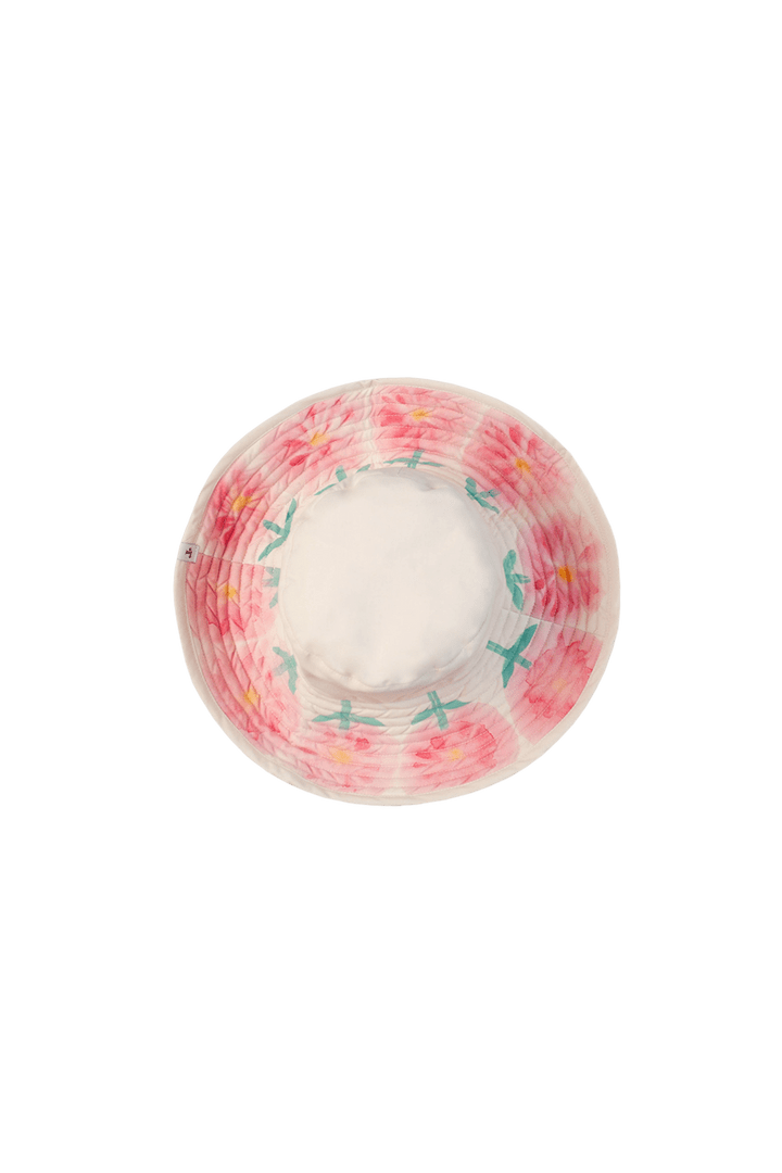Reversible hand-painted hat with 12 cm brim and cotton lining, made sustainably by Romualda, featuring unique garden-inspired design. 