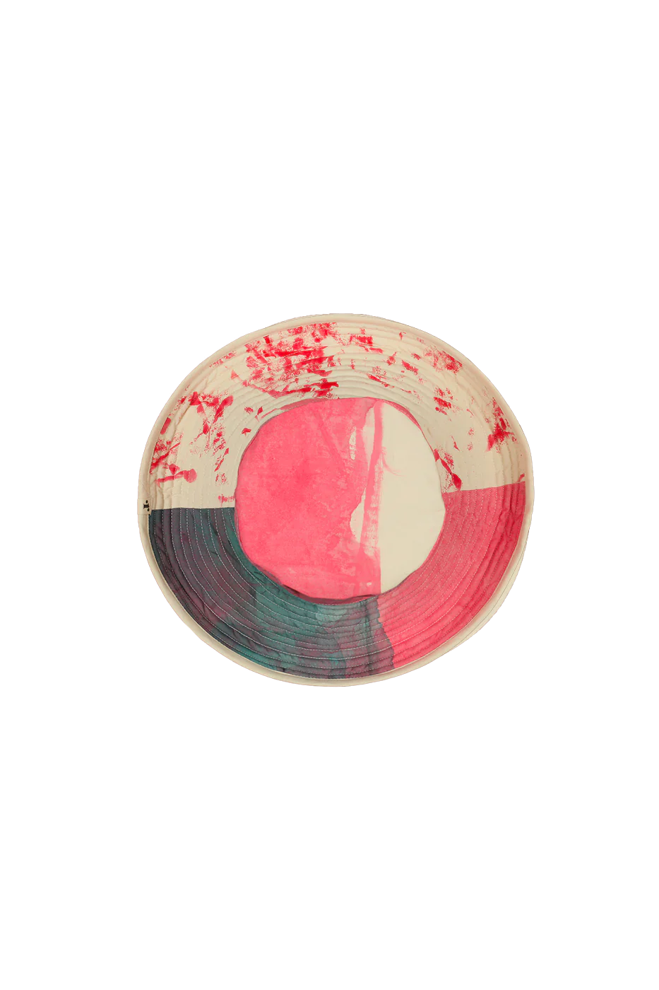 Reversible hand-painted hat by Romualda with a 12 cm brim, featuring vibrant brush strokes and cotton lining, made from sustainable materials.