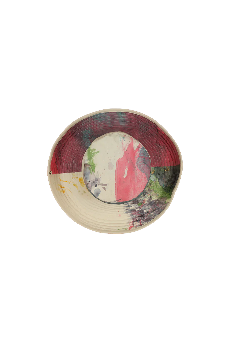 Reversible hand-painted hat by Romualda with a 12 cm brim, featuring vibrant brush strokes and cotton lining, made from sustainable materials.