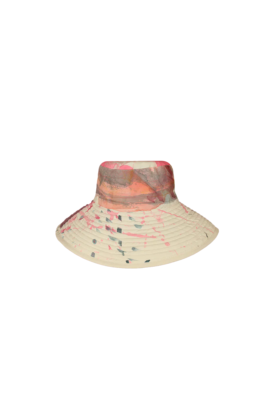 Reversible hand-painted hat by Romualda with a 12 cm brim, featuring vibrant brush strokes and cotton lining, made from sustainable materials.