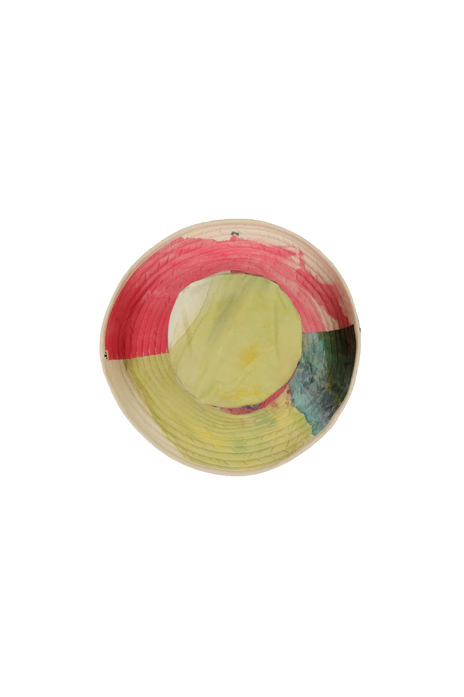 Reversible hand-painted hat by Romualda with a 12 cm brim, featuring vibrant brush strokes and cotton lining, made from sustainable materials.