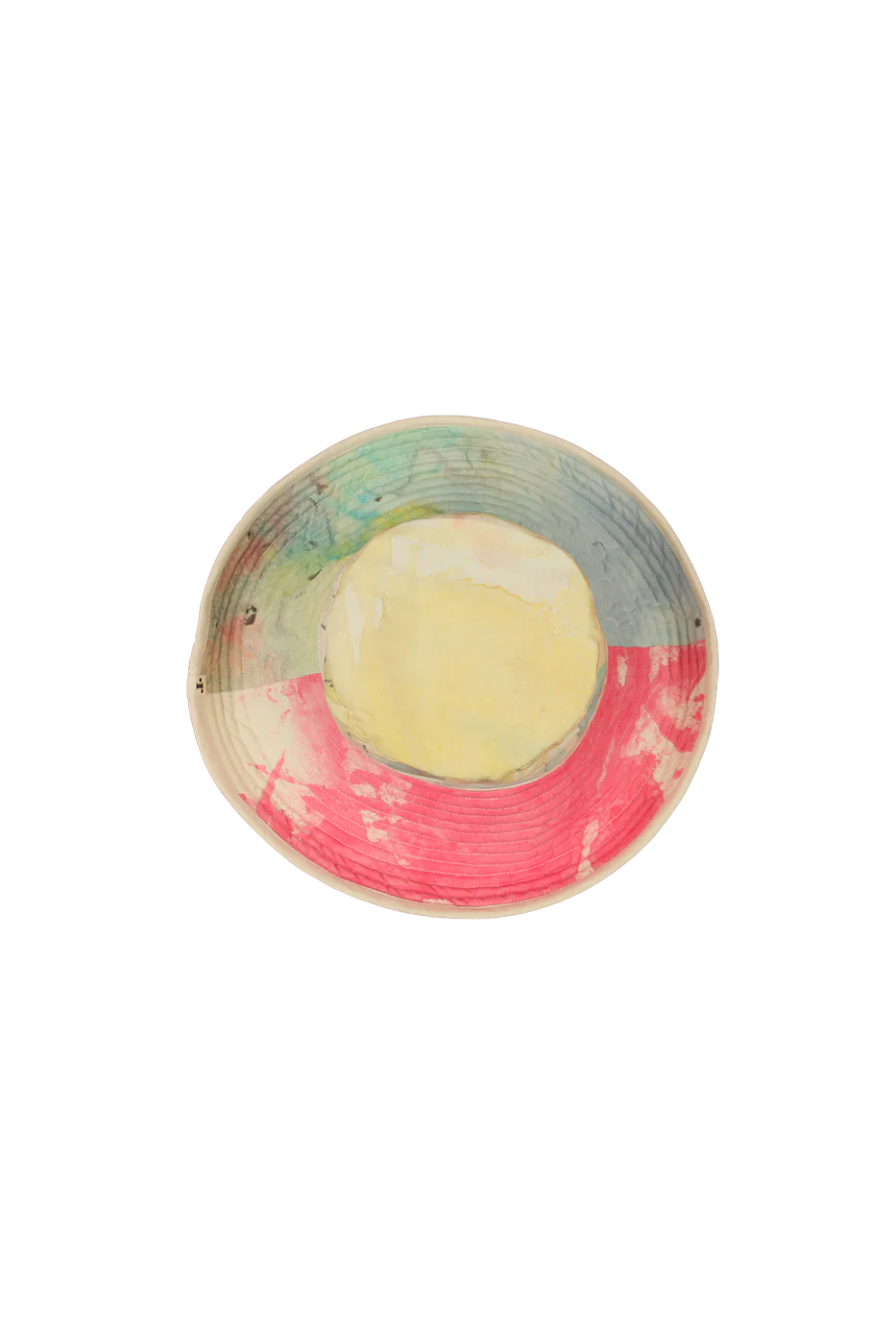 Reversible hand-painted hat by Romualda with a 12 cm brim, featuring vibrant brush strokes and cotton lining, made from sustainable materials.