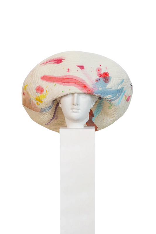 Reversible hat by Romualda, hand-painted and made in Spain using natural and sustainable materials. Unique, artisanal, and wearable art. Part of House of Woven Stories selection.
