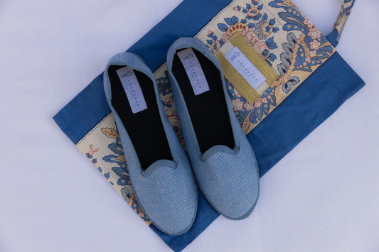 Sky Special Venetian Slippers by Teod’amar, handmade in Venice from upcycled luxury fabrics and recycled bicycle tyres. Unique, eco-conscious, and timelessly elegant.