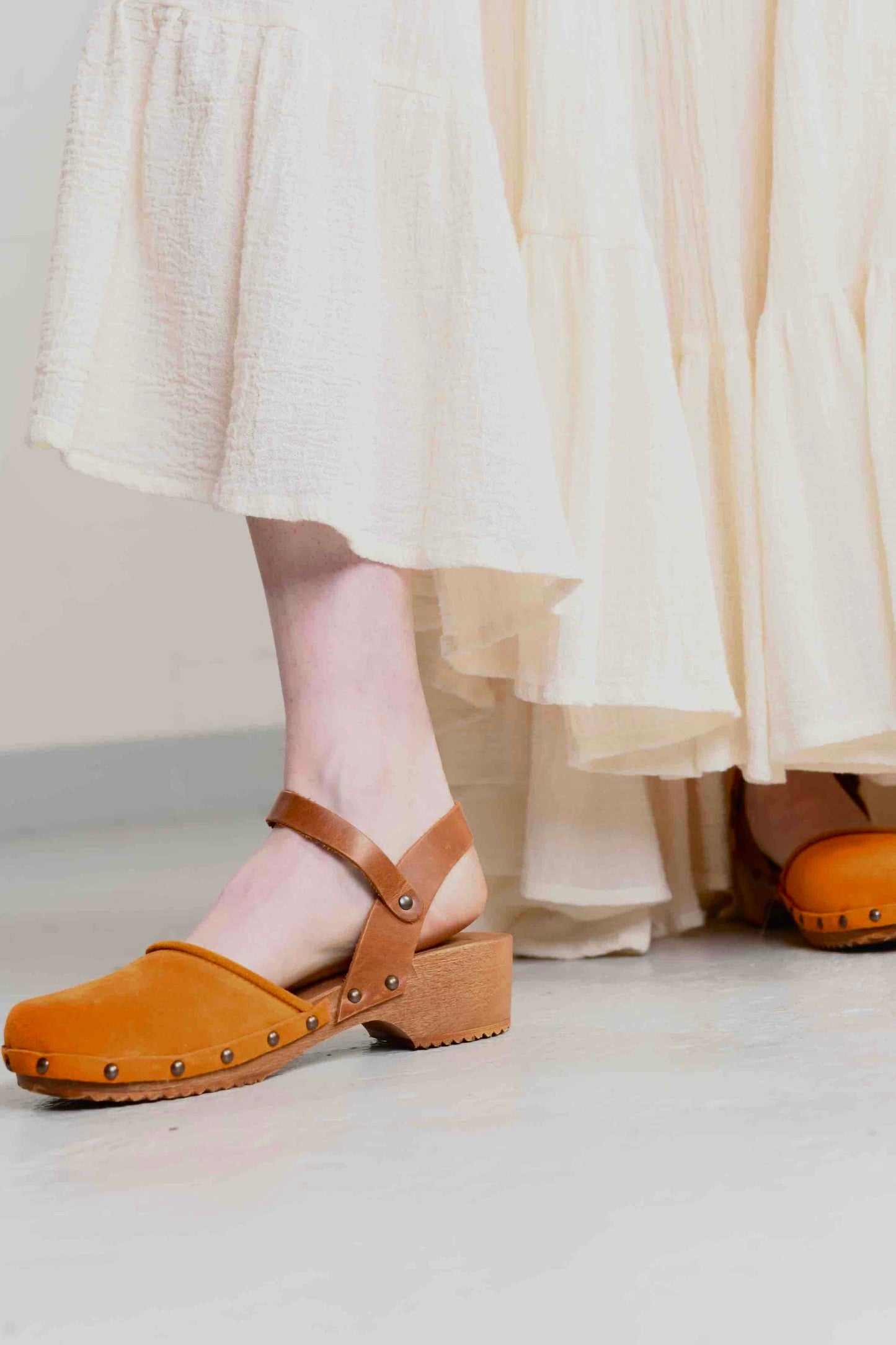 Tea Tangerine velvet ballerina clogs with amber trim and wooden sole by Antidoti, handmade in Italy. Part of House of Woven Stories selection.