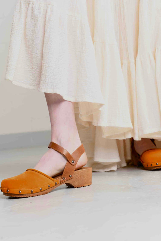 Tea Tangerine velvet ballerina clogs with amber trim and wooden sole by Antidoti, handmade in Italy. Part of House of Woven Stories selection.