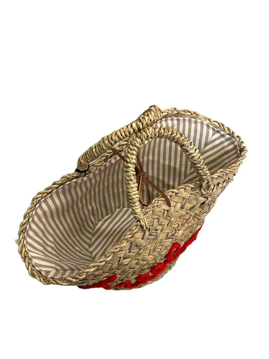 Handwoven bag from dried dwarf palm leaves with “Treelover” embroidery, leather drawstring closure, and lined interior by Micaela Spadoni.