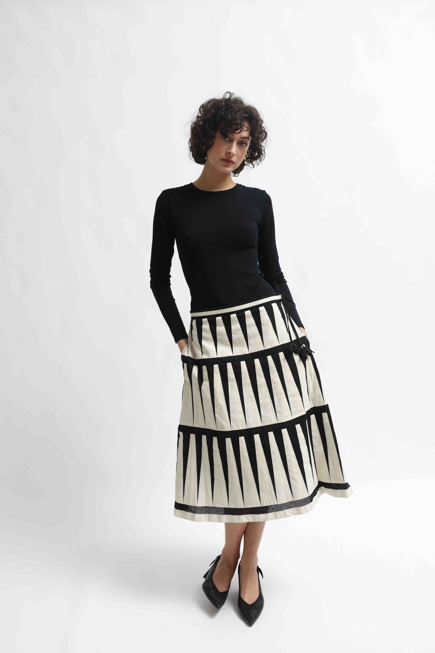 Trikon Skirt by Ka-Sha – hand-dyed cotton skirt with black and white applique details, zip and drawstring closure for adjustable fit. Part of House of Woven Stories selection.