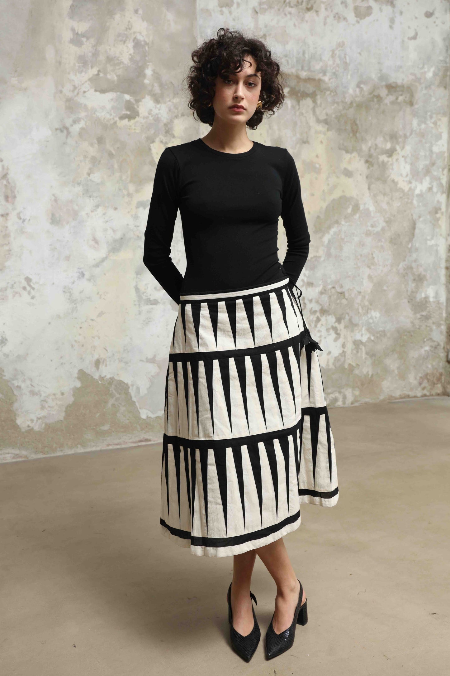 Trikon Skirt by Ka-Sha – hand-dyed cotton skirt with black and white applique details, zip and drawstring closure for adjustable fit. Part of House of Woven Stories selection.