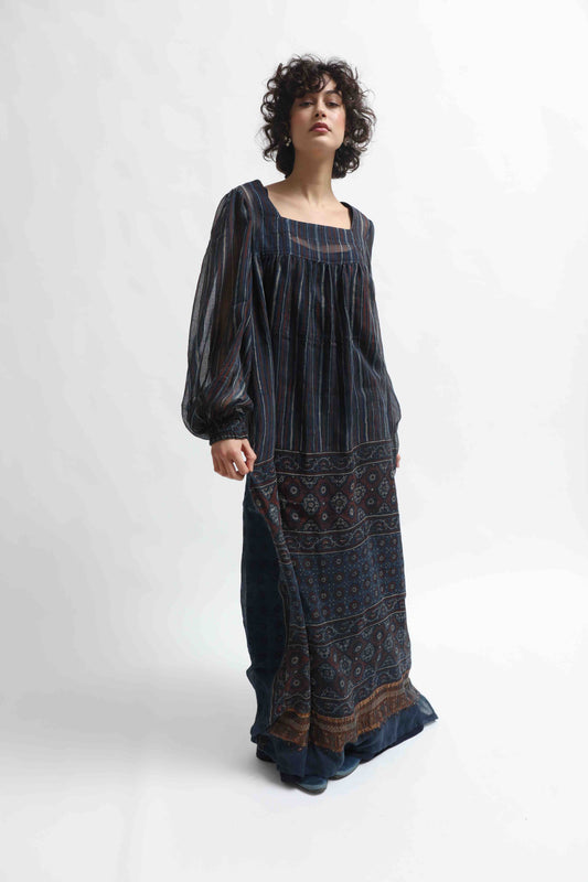 Woodstock Dress by House of Woven Stories - long dress in 100% cotton gauze, crafted from handprinted sari patchwork with intricate Ajrakh block prints. Lightweight, flowing, artisanal, and one-of-a-kind.