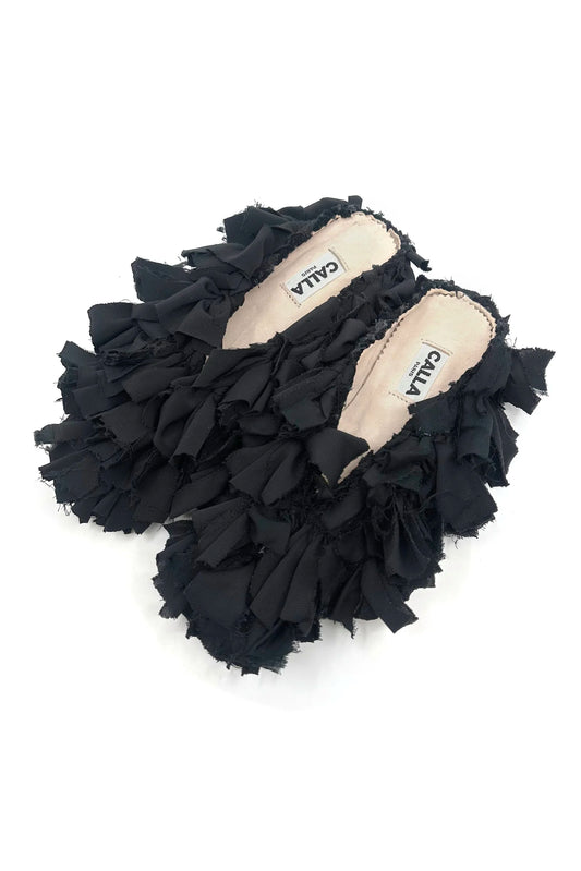 Aili Black Mono Babouches by Calla, entirely black handmade Moroccan slippers from upcycled Berber rugs, available at House of Nomad Stories