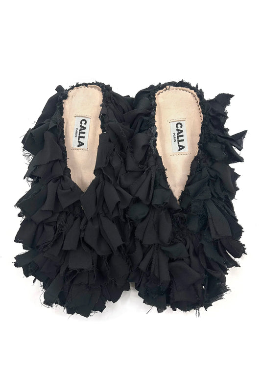 Aili Black Mono Babouches by Calla, entirely black handmade Moroccan slippers from upcycled Berber rugs, available at House of Nomad Stories
