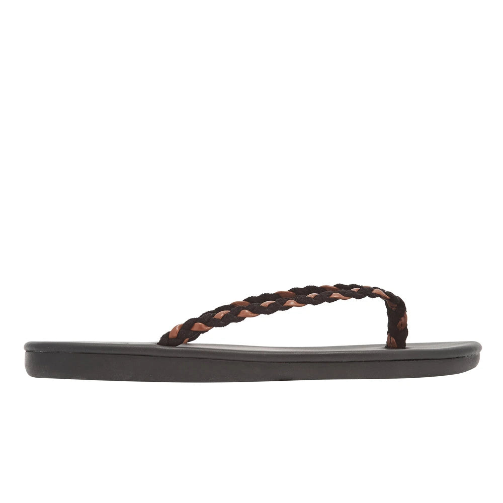 Saionara Crosta Flip Flop in black and brown suede by Ancient Greek Sandals, handmade in Greece with twisted straps, part of the House of Nomad Stories selection