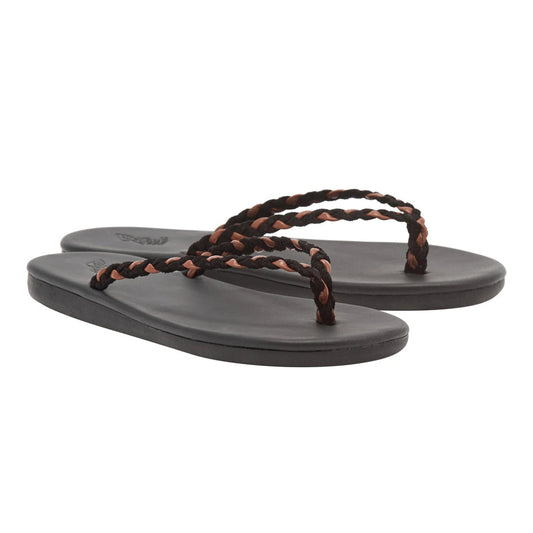 Saionara Crosta Flip Flop in black and brown suede by Ancient Greek Sandals, handmade in Greece with twisted straps, part of the House of Nomad Stories selection