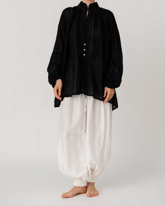 Black Sea Linen Shirt by Les Vacances d’Irina, oversized semi-sheer linen shirt with voluminous sleeves and gathered neckline, handmade in Romania.