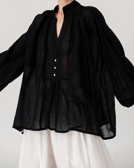 Black Sea Linen Shirt by Les Vacances d’Irina, oversized semi-sheer linen shirt with voluminous sleeves and gathered neckline, handmade in Romania.