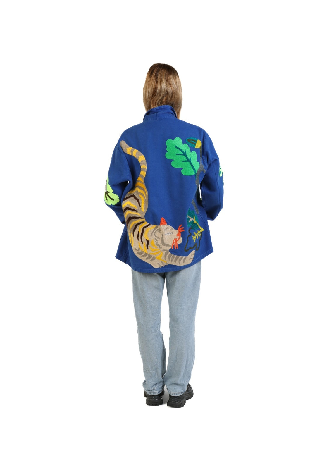 Bleu de Travail vintage French workwear jacket by Kilometre Paris, hand-embroidered with birds and flowers, part of the House of Woven Stories selection.