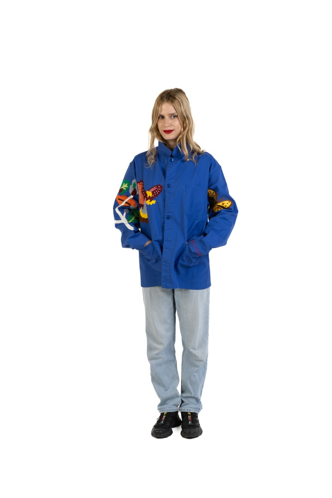 Bleu de Travail vintage French workwear jacket by Kilometre Paris, hand-embroidered with birds and flowers, part of the House of Woven Stories selection.