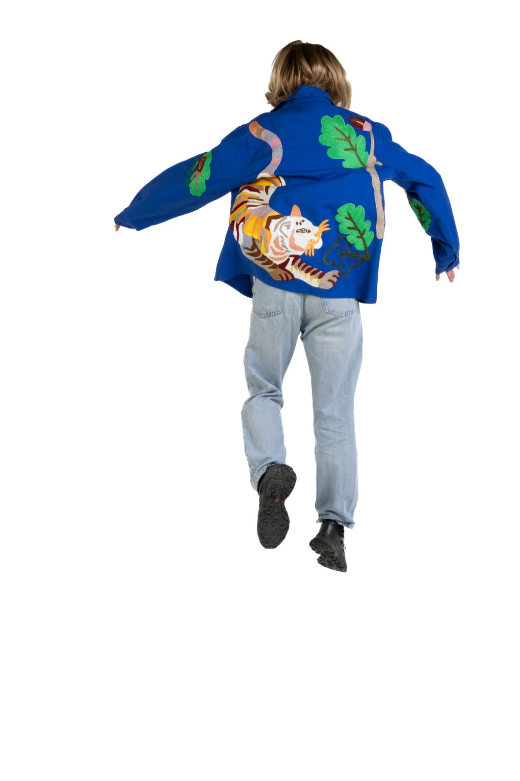 Bleu de Travail vintage French workwear jacket by Kilometre Paris, hand-embroidered with birds and flowers, part of the House of Woven Stories selection.