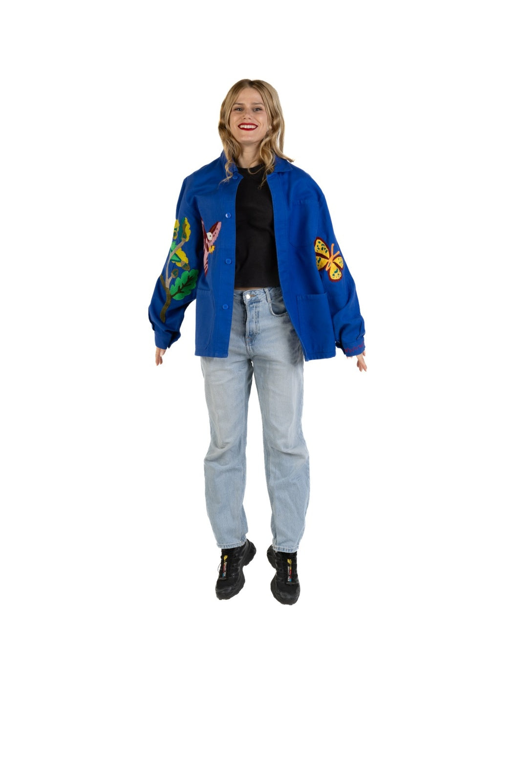 Bleu de Travail vintage French workwear jacket by Kilometre Paris, hand-embroidered with birds and flowers, part of the House of Woven Stories selection.