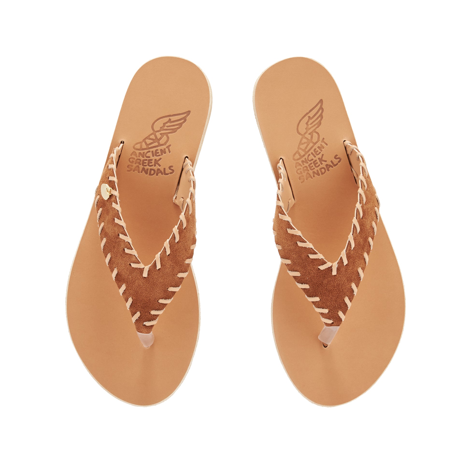 Charys Stitch Crosta Sandals in rust suede by Ancient Greek Sandals, handmade in Greece with hand-stitched detail and metal charm, part of the House of Nomad Stories selection