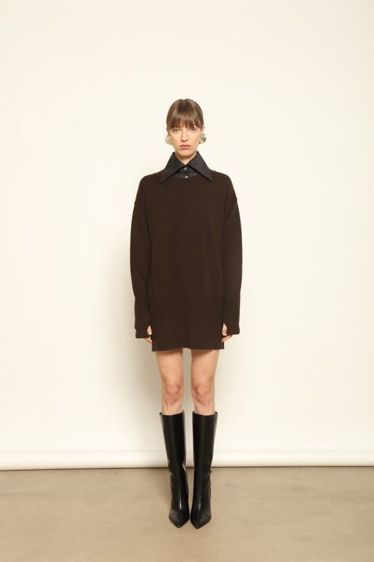 Model wearing the Chocolate Noemi Round Neck Cashmere Pullover by House of Woven Stories, made from 100% pure Inner Mongolia cashmere, featuring a deep chocolate tone, soft texture, relaxed fit, and sustainable luxury craftsmanship