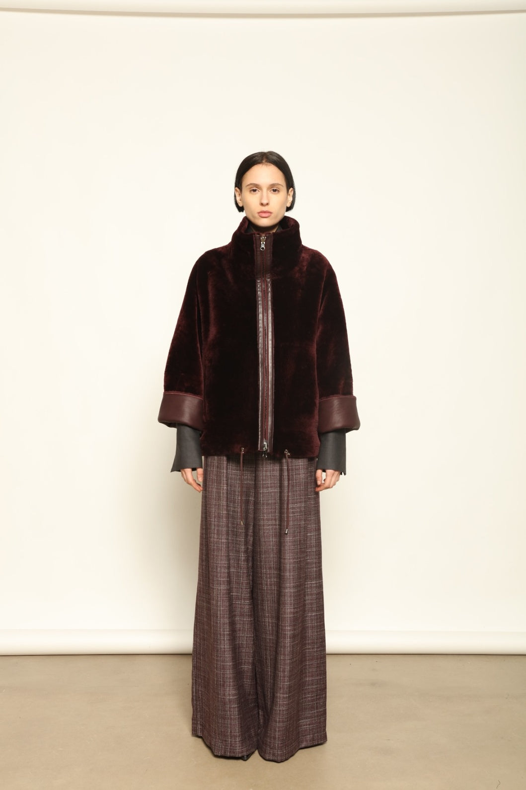 Colette Sud Africa Ironed Cherry Lacquer Nappa Jacket by Novelle – reversible Italian shearling and nappa leather jacket in deep cherry red, handcrafted with sustainable luxury at House of Woven Stories.