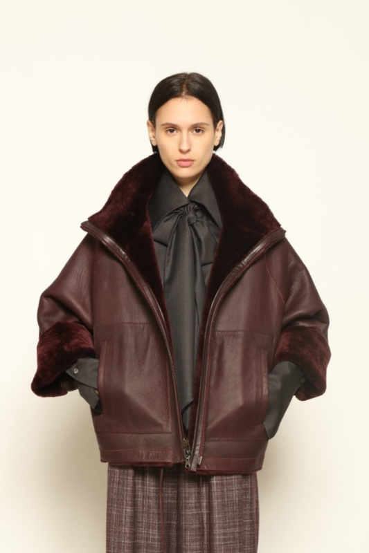 Colette Sud Africa Ironed Cherry Lacquer Nappa Jacket by Novelle – reversible Italian shearling and nappa leather jacket in deep cherry red, handcrafted with sustainable luxury at House of Woven Stories.