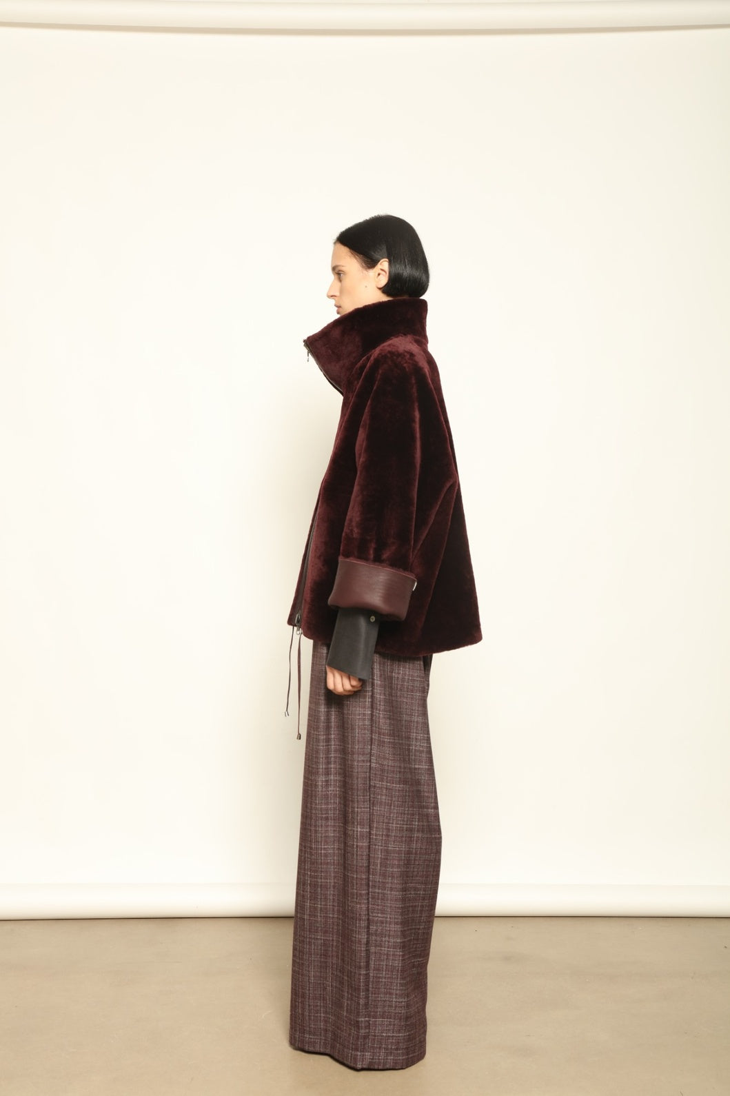 Colette Sud Africa Ironed Cherry Lacquer Nappa Jacket by Novelle – reversible Italian shearling and nappa leather jacket in deep cherry red, handcrafted with sustainable luxury at House of Woven Stories.