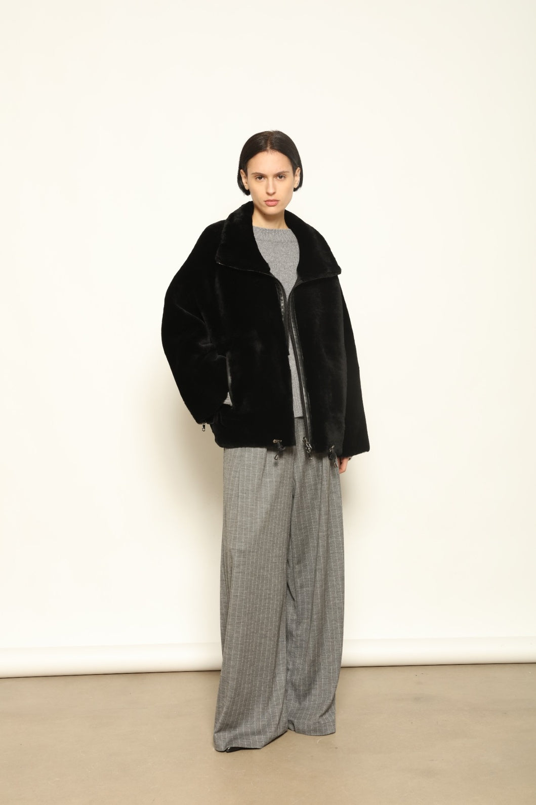 Colette Sud Africa Ironed Black Nappa Jacket by Novelle – reversible Italian shearling and nappa leather jacket in polished black, handcrafted for timeless elegance at House of Woven Stories.