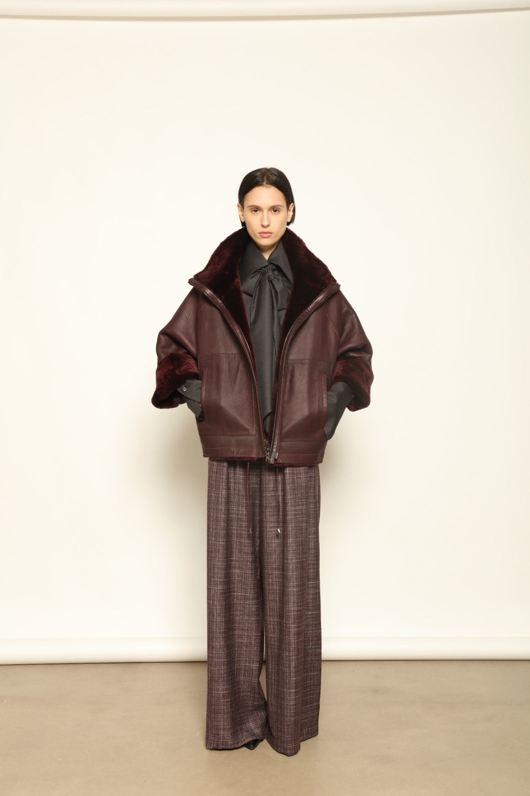 Colette Sud Africa Ironed Cherry Lacquer Nappa Jacket by Novelle – reversible Italian shearling and nappa leather jacket in deep cherry red, handcrafted with sustainable luxury at House of Woven Stories.