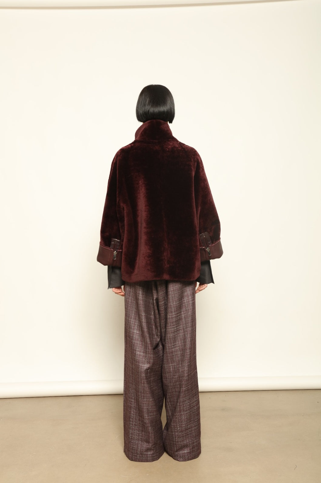 Colette Sud Africa Ironed Cherry Lacquer Nappa Jacket by Novelle – reversible Italian shearling and nappa leather jacket in deep cherry red, handcrafted with sustainable luxury at House of Woven Stories.