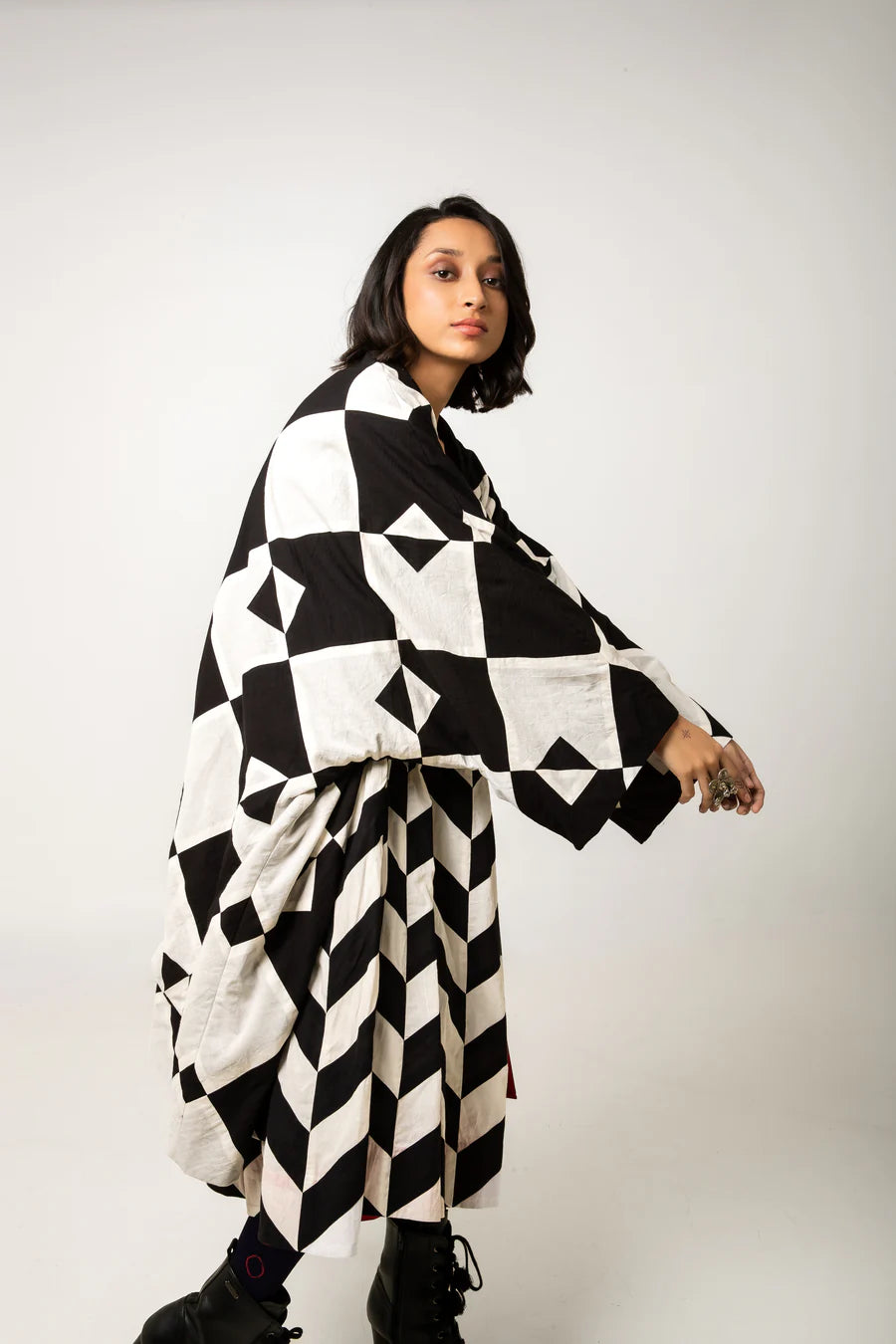 Doma Cotton Jacket by Ka-Sha, oversized with geometric applique patterns. Hand-dyed cotton, open front, sustainable craftsmanship. Perfect for mindful fashion. Shop now.