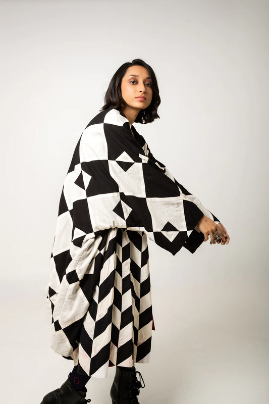 Doma Cotton Jacket by Ka-Sha, oversized with geometric applique patterns. Hand-dyed cotton, open front, sustainable craftsmanship. Perfect for mindful fashion. Shop now.