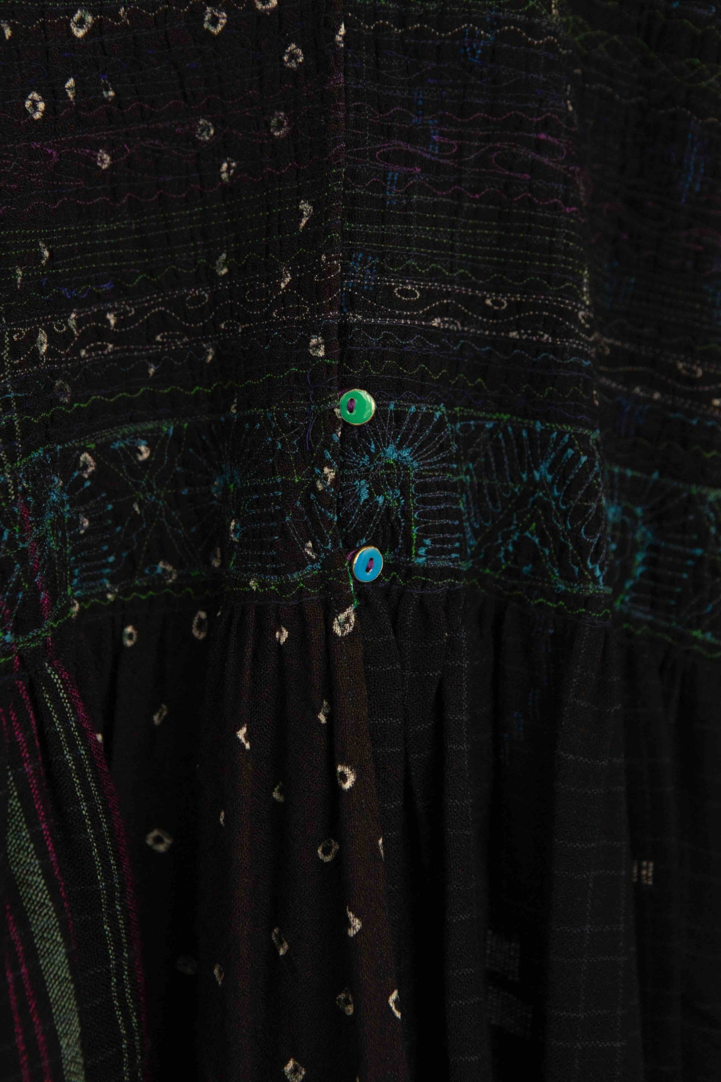 Model is wearing the Folklore 20 handloomed silk and wool dress by Injiri, featuring a flattering cut, long sleeves, side pockets, and artisan-made handloomed fabric.