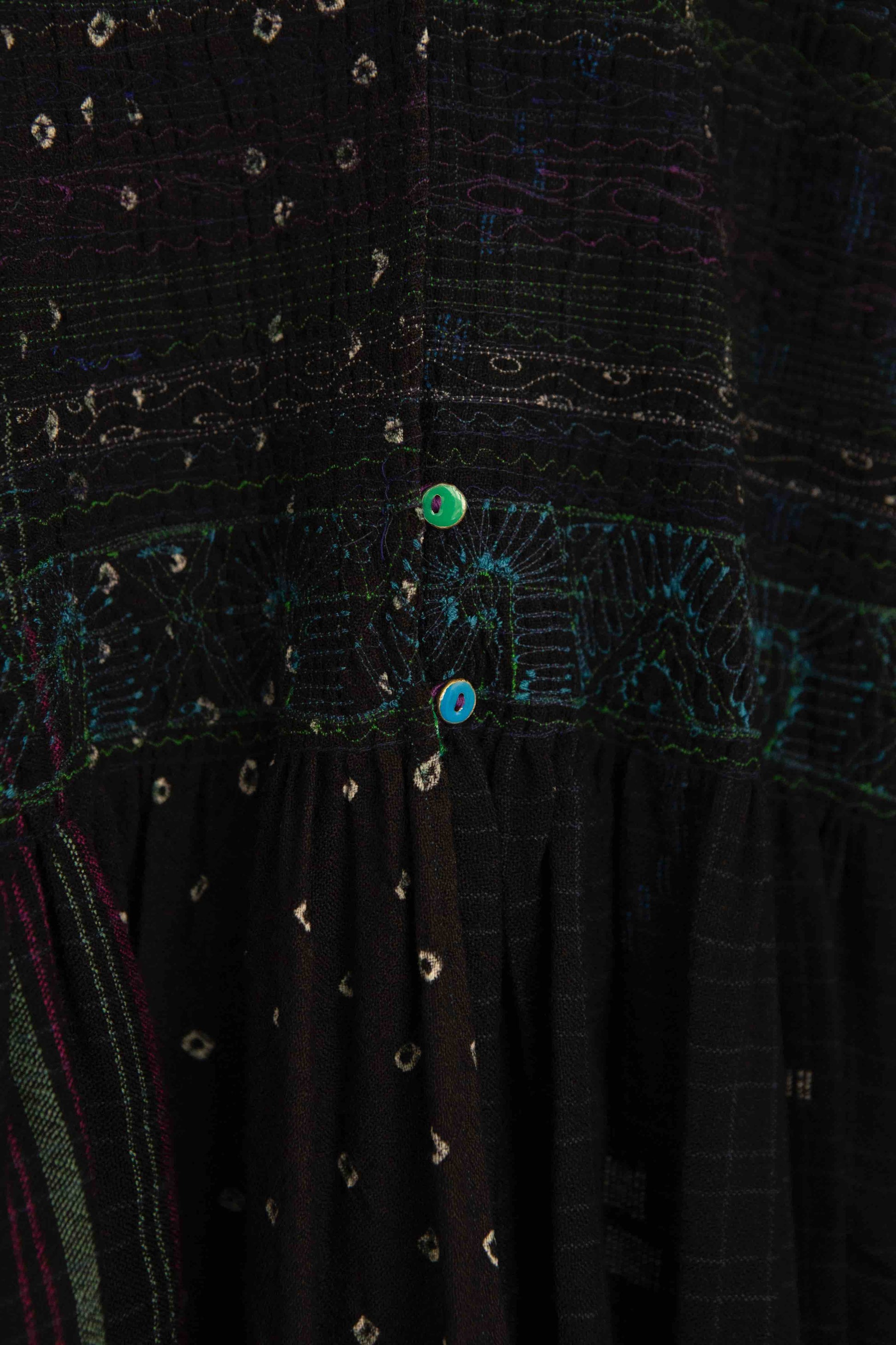 Model is wearing the Folklore 20 handloomed silk and wool dress by Injiri, featuring a flattering cut, long sleeves, side pockets, and artisan-made handloomed fabric.