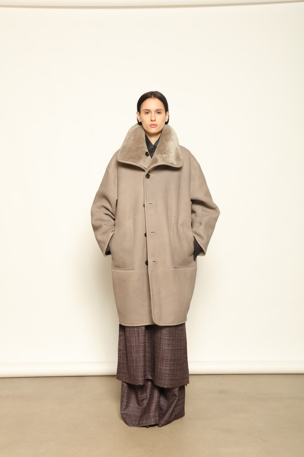 Giselle Colombe Long Silky Peach Jacket by Novelle – reversible Italian shearling and nappa leather jacket in soft peach tones, handcrafted with timeless elegance for House of Woven Stories.