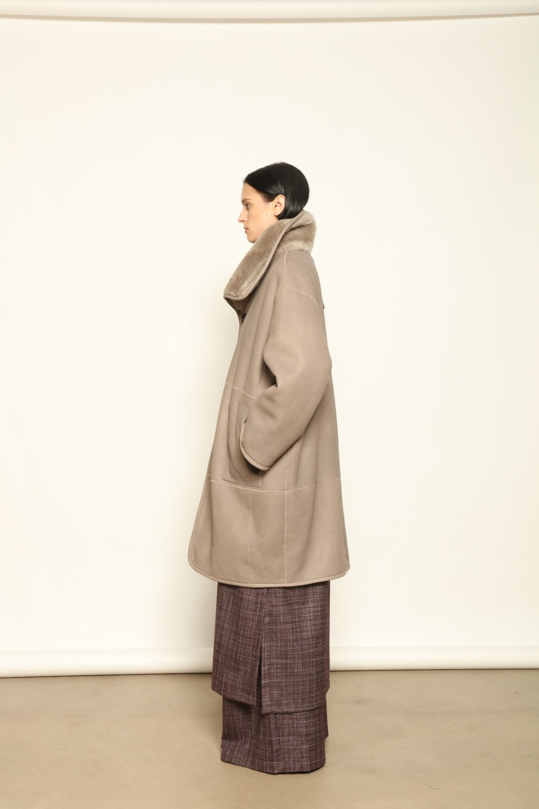 Giselle Colombe Long Silky Peach Jacket by Novelle – reversible Italian shearling and nappa leather jacket in soft peach tones, handcrafted with timeless elegance for House of Woven Stories.