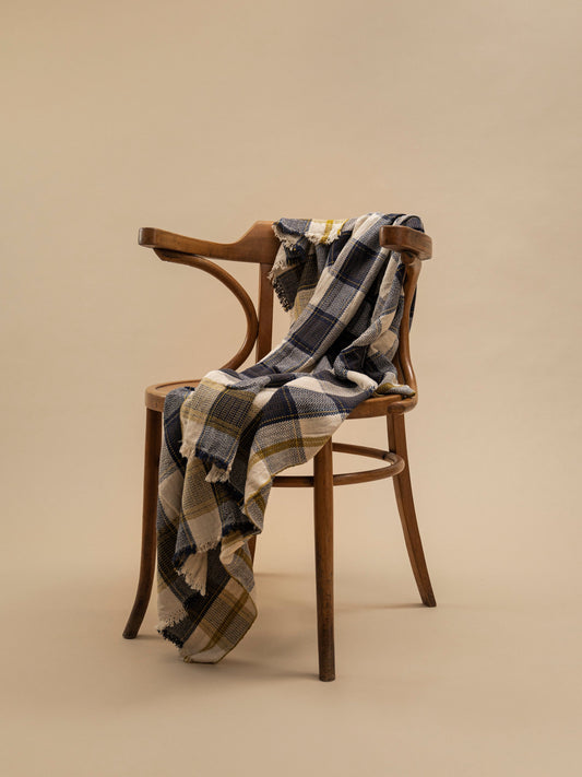 Handmade cotton plaid in navy blue by Moismont, 100% pure cotton, perfect for cozy home decor and living room or bedroom use