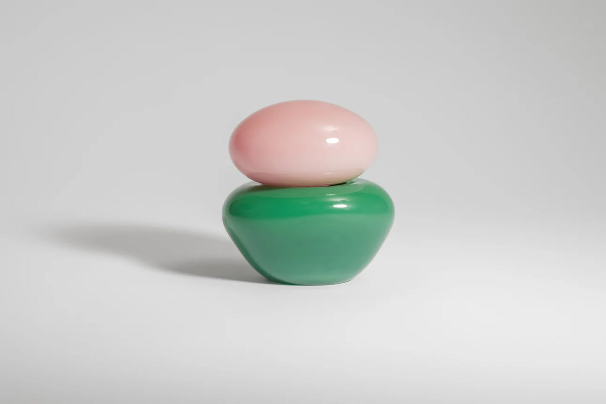 Bonbonniere Mini by Helle Mardahl Studio in Bubblegum and Spearmint, handmade glossy glass keepsake box with rounded form and colourful design from House of Nomad Stories.